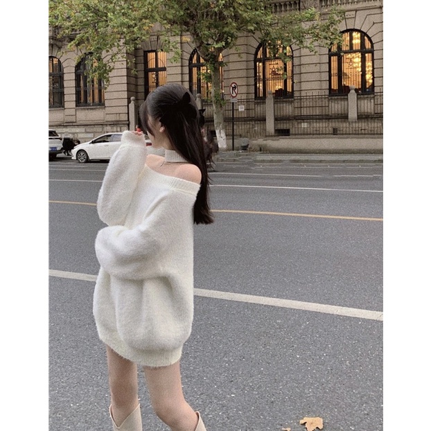 Áo len trễ vai lông thỏ tiểu thư choker trắng oversize loại 1-video thật | BigBuy360 - bigbuy360.vn