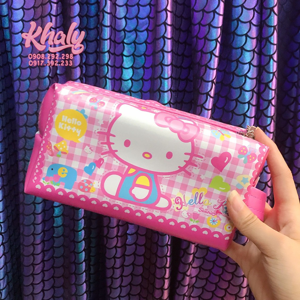 Hộp bút, bóp viết da 1 ngăn hình Hello Kitty sọc caro tim màu hồng cho học sinh bé gái (Thái Lan) - 1809KT09391