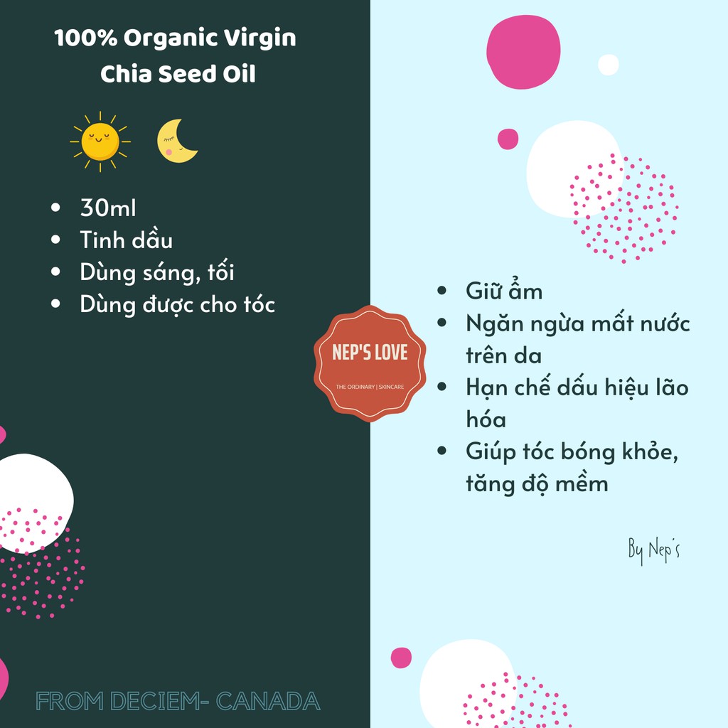 Tinh dầu dưỡng hạt Chia_100% Organic Virgin Chia Seed Oil (cho tóc và da)_THE ORDINARY (BILL CANADA) 30ML