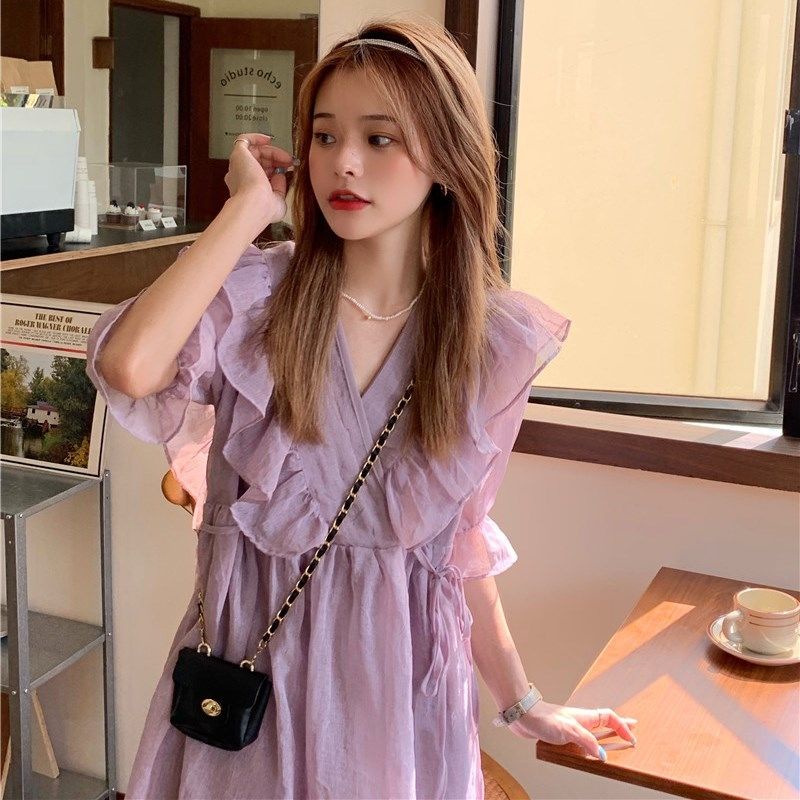 Đầm tay ngắn cổ chữ V phối bèo thời trang mùa hè phong cách mới cho nữ