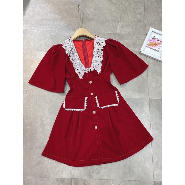 Váy Nhung Cổ Ren Khuy Ngọc 2 Màu Tiểu Thư Siêu Xinh Có Ảnh Thật Kèm Video | BigBuy360 - bigbuy360.vn