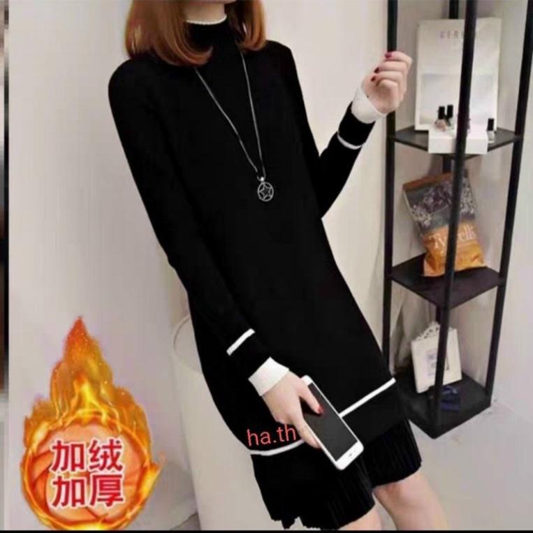Váy len nữ, váy len cổ tròn chân pha ren hàng quảng châu loại 1 _ảnh thật