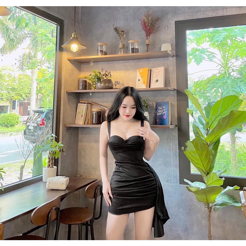 Váy cúp hai dây nhún tà eo đi tiệc. Đầm ôm body dáng ngắn hàng loại 1