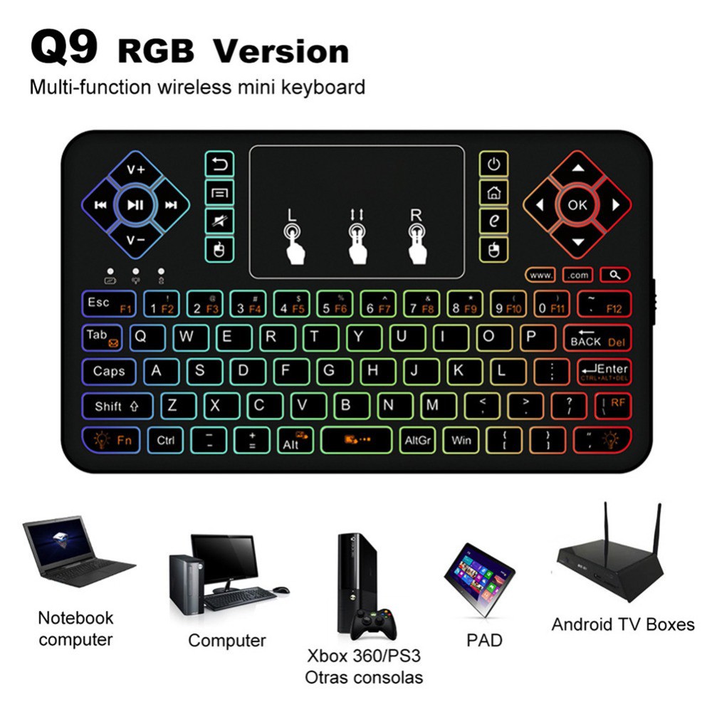 Bàn phím không dây di động mini Q9 2.4G Có đèn nền Bluetooth đầy màu sắc với bàn di chuột cảm ứng Điều khiển từ xa cho máy tính bảng Android TV Box