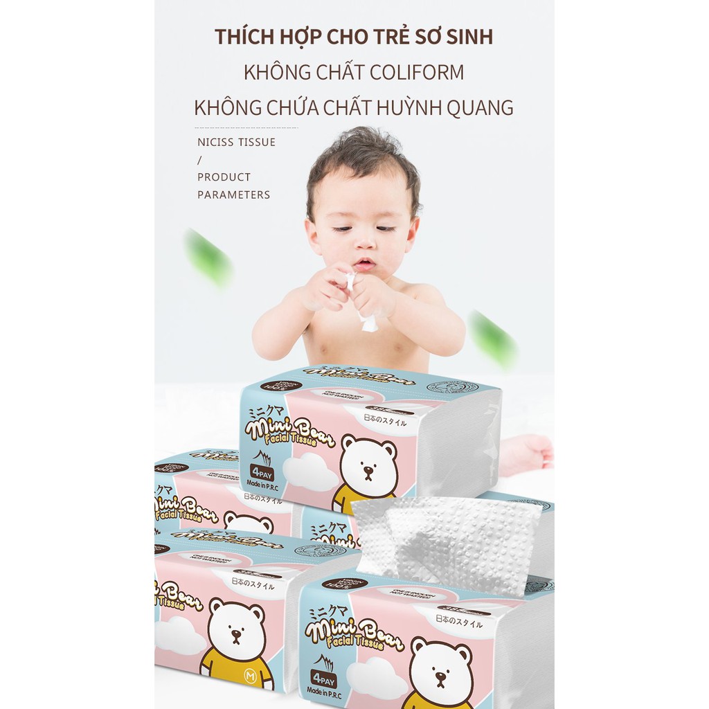 [Mua 6 gói FREESHIP] Khăn giấy rút minibear Nhật 300 tờ 4 lớp chất liệu thiên nhiên, an toàn cho làn da.