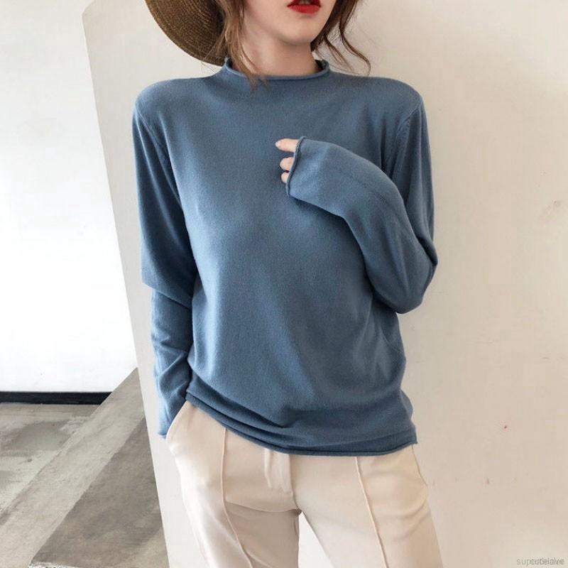 Women Slim Long-Sleeved Half High Collar Slim Bottom Sweater Female Tshirt Tops | BigBuy360 - bigbuy360.vn