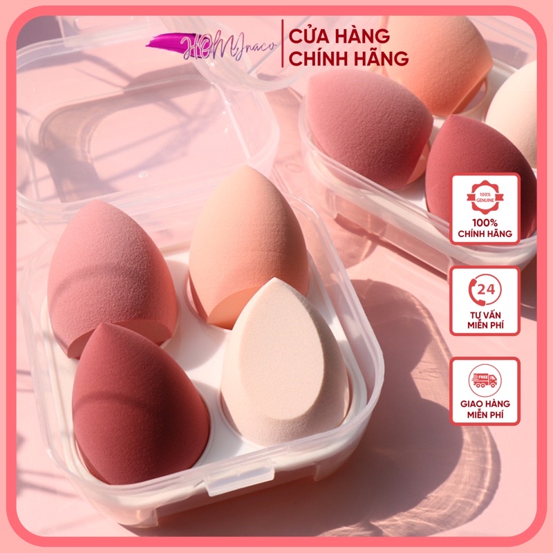 Set 4 mút trang điểm kèm hộp đựng trong suốt - Bộ bông tán kem nền makeup hồng tím xanh vàng