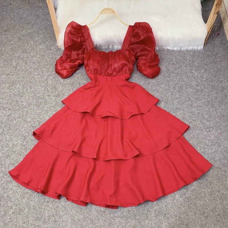 Đầm Thiết Kế Dự Tiệc Sang Trọng, Váy Đầm Nữ Dáng Dài Cổ Vuông Tay Phồng Phân Tầng Điệu Đà Nữ Tính Mặc Đi Đám Cưới- Tiệc