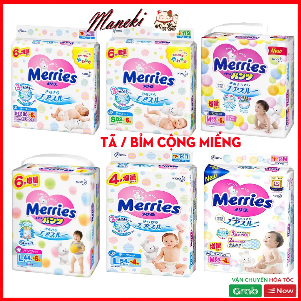 Tã bỉm Merries cộng miếng đủ size NB90+6/S82+6/M58+6/L44+6/L54+4/M64+4/XL38+6/S82/M58hàng Nhật nội địa