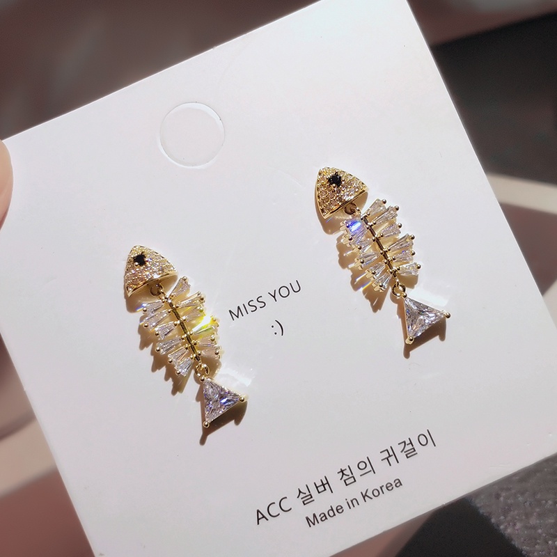 Khuyên tai JIUDUOLAN hình xương cá đính đá zircon độc đáo sáng tạo