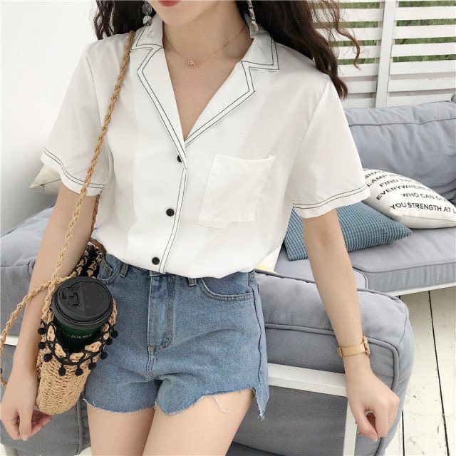 Áo Sơ Mi Nữ Form Rộng Cổ Vest Tay Ngắn Kiểu Công Sở RYMOLA Phong Cách Hàn Quốc Viền Cổ Freesize