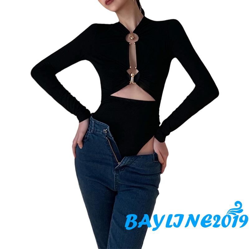 Bay-female Bodysuit Màu Trơn Tay Dài Khoét Rỗng Với Vòng Kim Loại Cho Mùa Xuân Thu