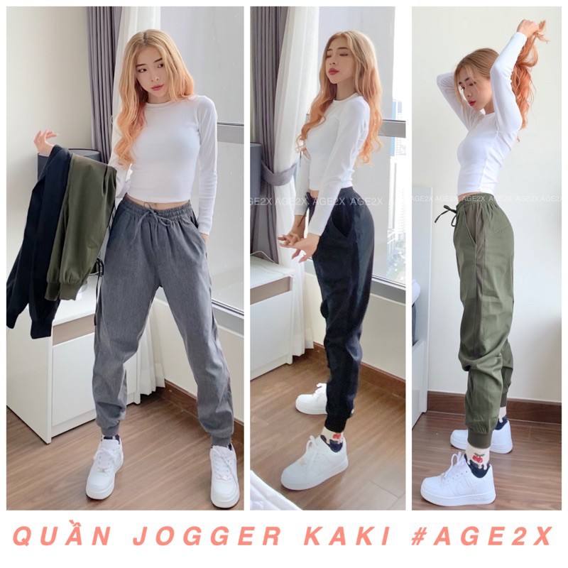 (Ảnh thật) Quần Jogger Kaki nữ AGE2X co giãn tốt, chất kaki cotton wash mềm xịn, siêu thấm, siêu bền bỉ, hàng vnxk