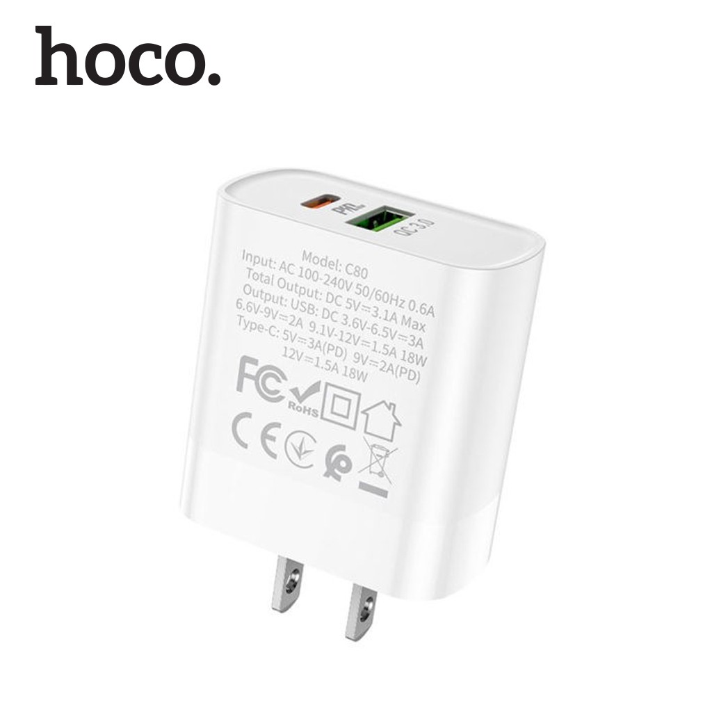 Củ sạc PD 20W Hoco C80 2 cổng ( USB + Type-C ) sạc nhanh tối đa 3A, Q.C 3.0, tương thích nhiều thiết bị, tiện lợi ( US )