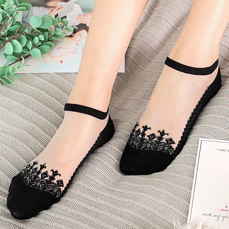 Tất nữ cổ ngắn REN LƯỚI công chúa màu Đen cá tính Vớ lưới nữ cổ thấp cute hàn quốc