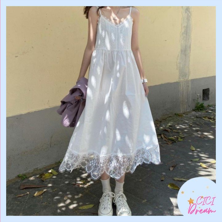 Đầm - váy hai dây trắng dài xòe phối ren tiểu thư babydoll , Đầm - váy 2 dây trắng phối ren hoa dài dáng xòe babydoll