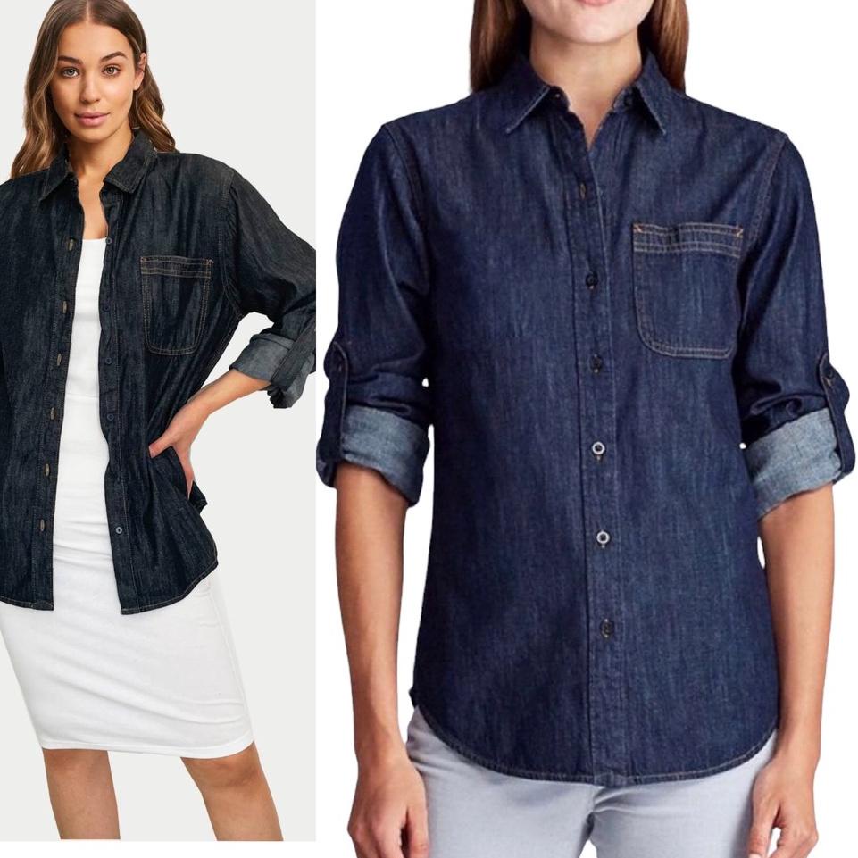 Giá đặc biệt... Isuga Quần Jean Sẫm Màu denim Nút Cuộn Tay Áo Sơ Mi