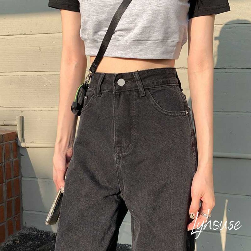 Quần jeans nữ màu đen basic ống suông rộng phong cách Ulzzang phiên bản trơn FC58 Rubydiz
