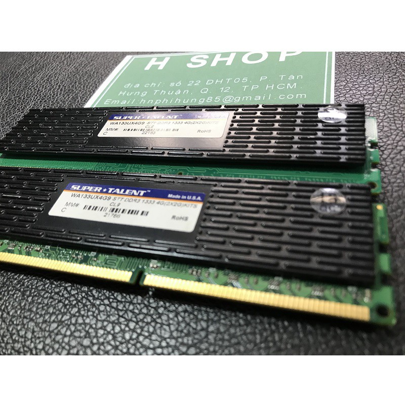 Ram 4Gb DDR3 bus 1333 - 10600U, Kit 4gb (2x2gb), ram tản nhiệt bộ hiệu Supertalent, tháo máy chính hãng, bảo hành 3 năm