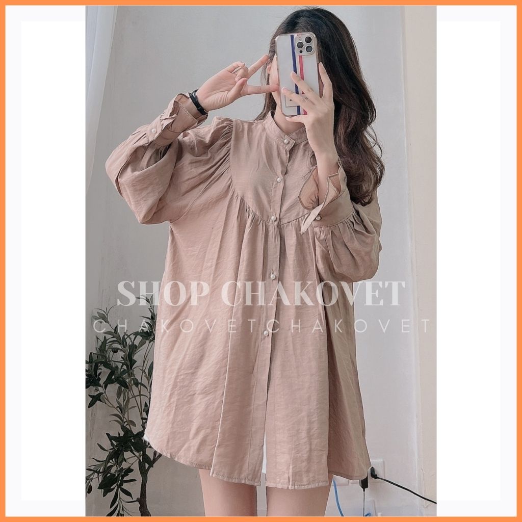 Áo sơ mi nữ dài tay oversize A8206 Thiết kế kiểu cổ tròn tay phồng dáng babydoll | BigBuy360 - bigbuy360.vn