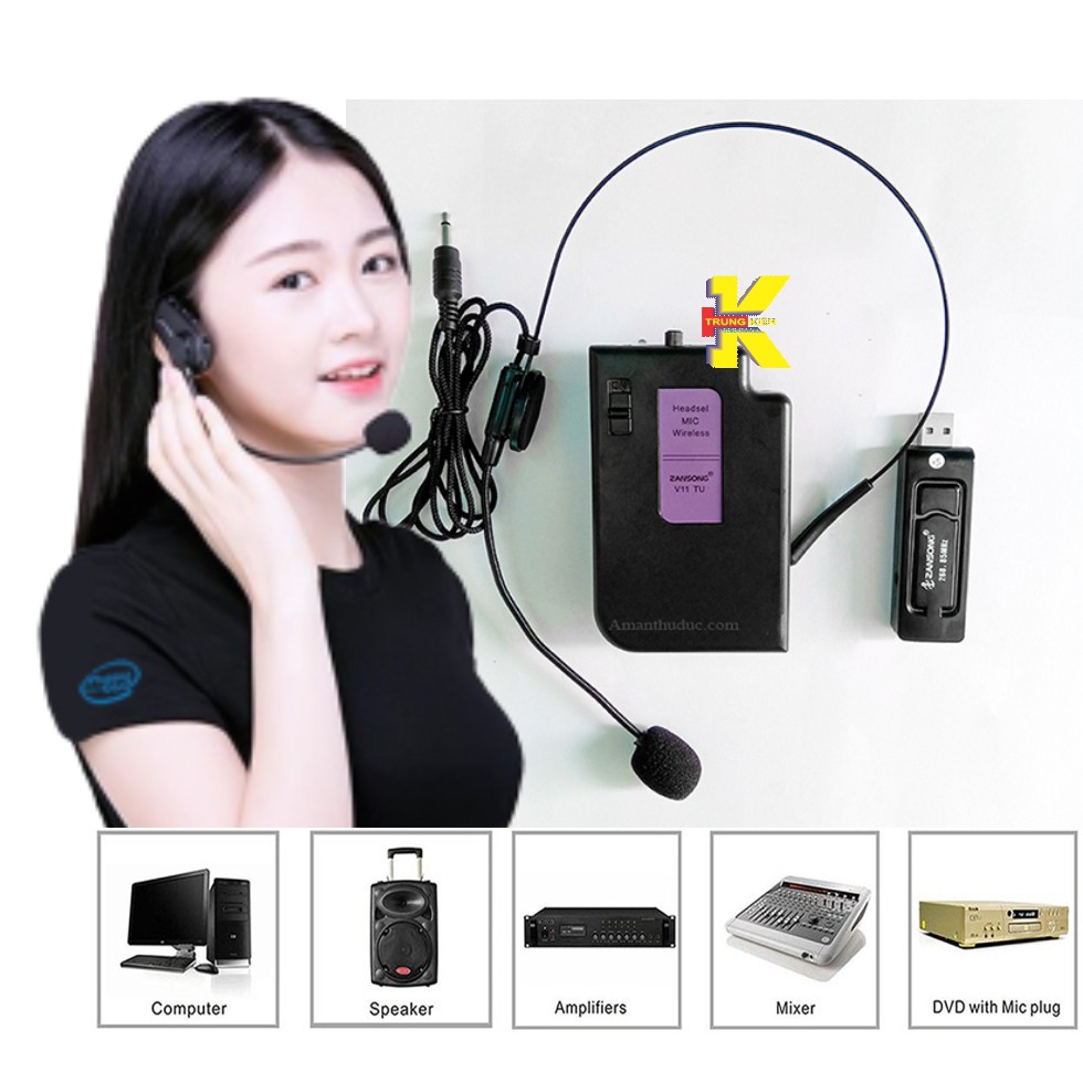 Mic trợ giảng không dây, cài tai V11 hỗ trợ cho loa giảng dạy, karaoke