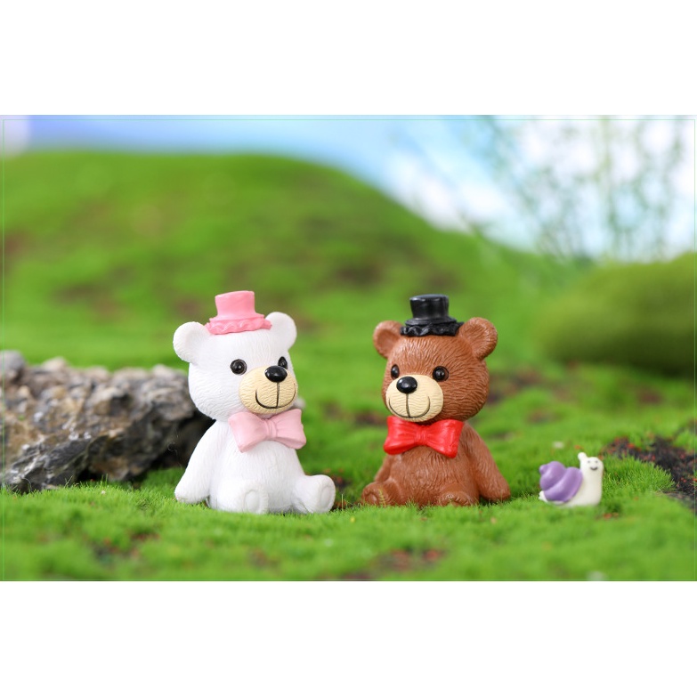 Mô hình gấu Teddy đeo nơ đội mũ cho các bạn trang trí móc khóa, tiểu cảnh, terrarium, DIY