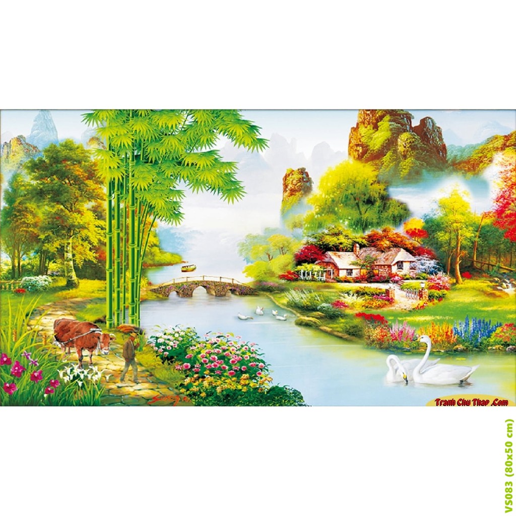 Tranh đính đá Làng Quê Việt Nam KT: 80x50cm