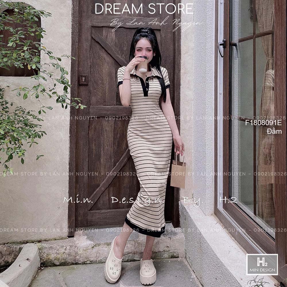 Đầm body thun tăm sọc dáng dài cổ đúc tay con!