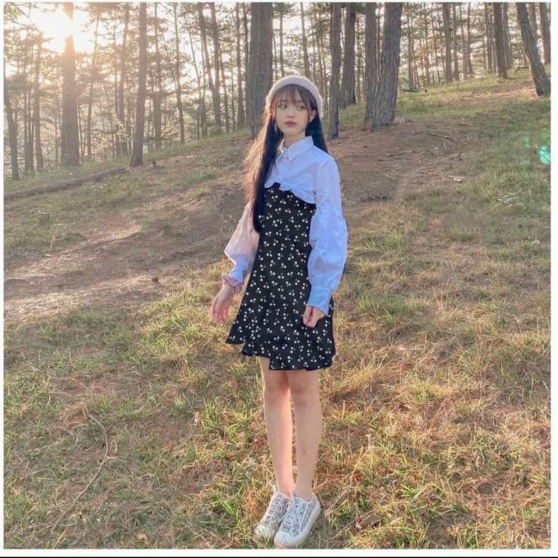 Set Váy thiết kế 2in1 váy cá tính 2 dây mix thêm áo croptop