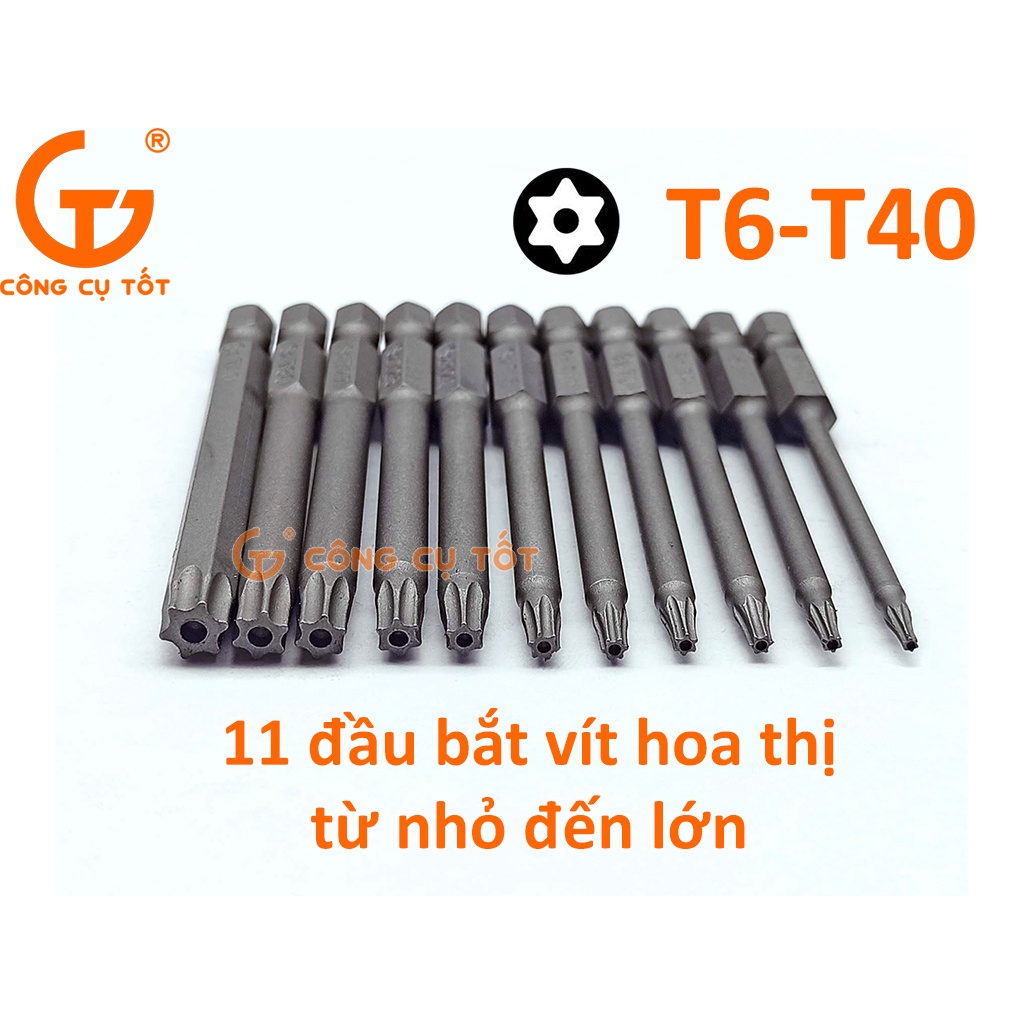 Bộ 11 đầu bắt vít hình sao lỗ dài 75mm T6-T40