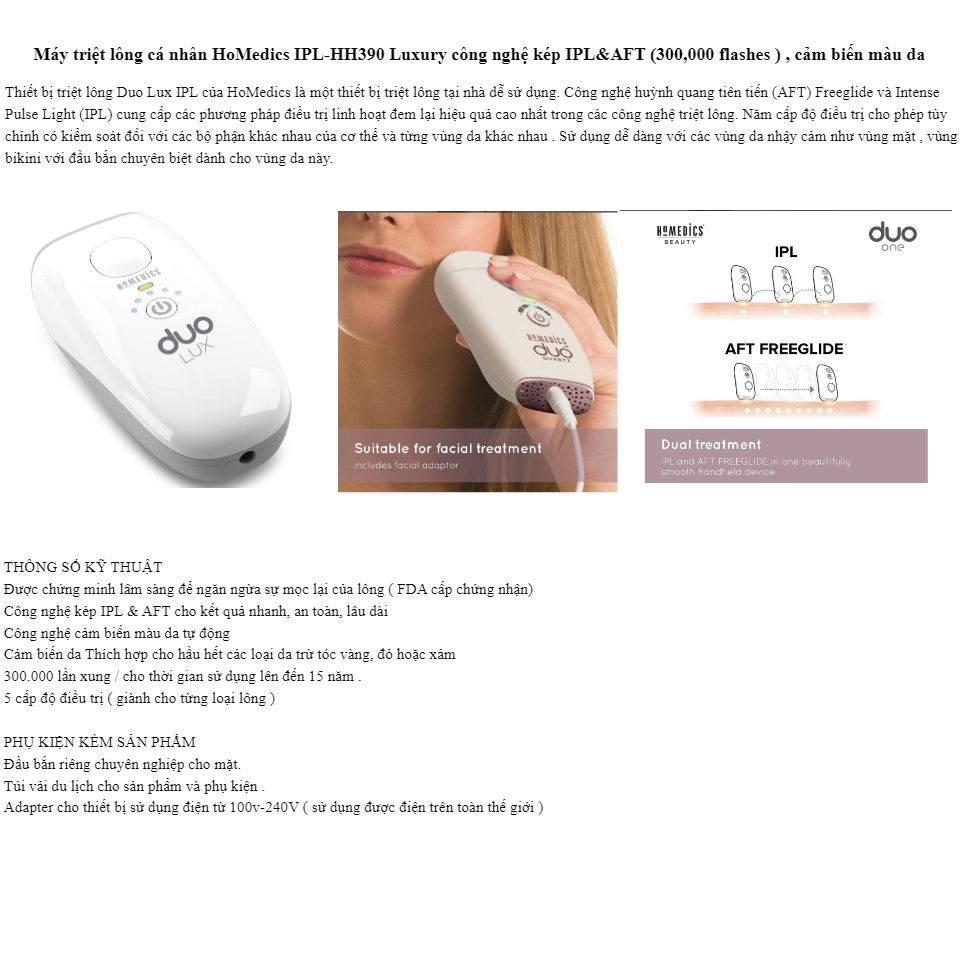 Máy Triệt Lông Cá Nhân HoMedics IPL-HH390 Luxury Công Nghệ Kép IPL&amp;AFT