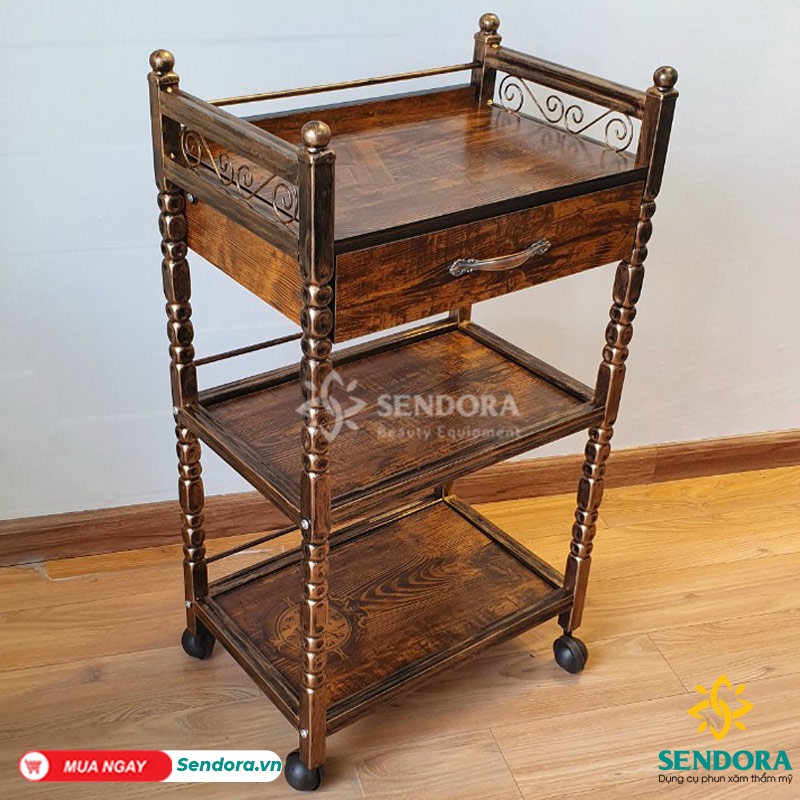 Kệ Spa 3 tầng gỗ cao cấp - Xe đẩy Spa nhập khẩu sang trọng 3 tầng - Có bánh xe HMTL-5060 Trắng, Vân gỗ