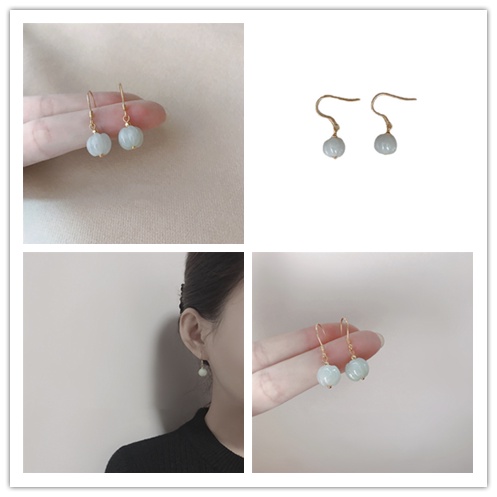 Cod Qipin Khuyên Tai Dạng Móc Hình Bí Ngô Màu Ngọc Lục Bảo Tự Nhiên Thanh Lịch Cho Nữ