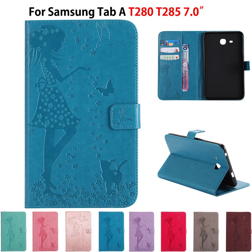 Ốp Lưng Da Thời Trang Có In Hình Cô Gái & Mèo Độc Đáo Cho Samsung Galaxy Tab A A6 7.0 T280 T285