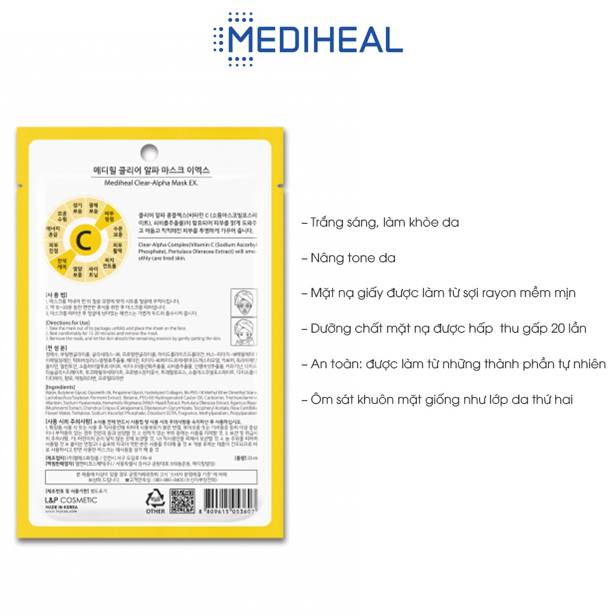 [Mã COSMDH11 giảm 8% đơn 150k] Mặt Nạ Giúp Làm Sạch, Sáng Mịn Da Mediheal Clear Alpha Mask EX 23ml | BigBuy360 - bigbuy360.vn