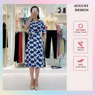 Đầm lụa họa tiết cổ chéo thắt đai , chất liệu lụa mềm mại by august design
