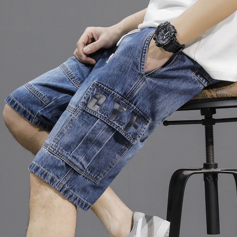Quần short denim Ống Rộng Lưng Thun Phối Túi Hộp Thời Trang Dành Cho Nam