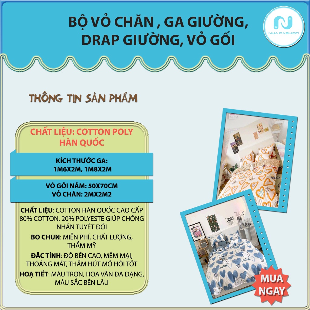 Bộ chăn ga gối cotton poly NUA Fashion Bedding drap giường ga trải giường poly vỏ chăn và 2 vỏ gối nằm Hàn Quốc 1m6/1m8