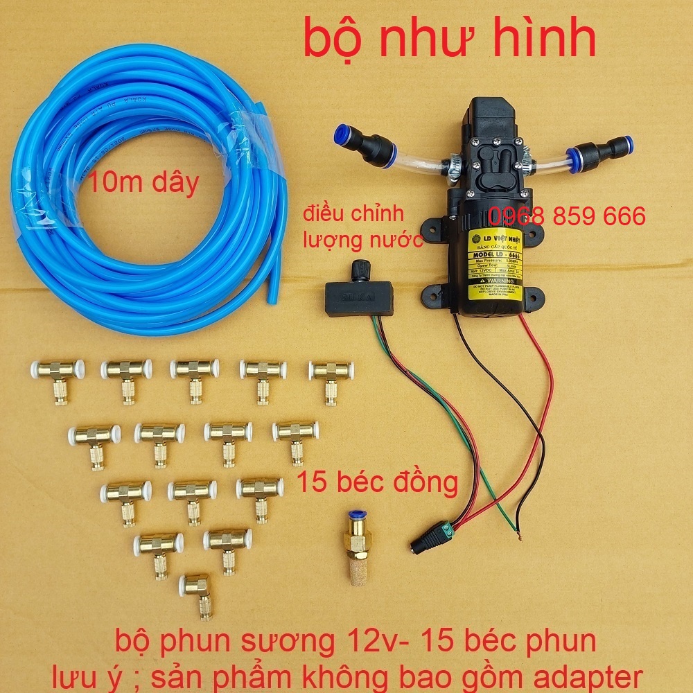 bộ máy phun sương làm mát, tưới lan có điều chỉnh lượng nước, bộ từ 5 béc đến 30 béc (bộ phun sương 12v)