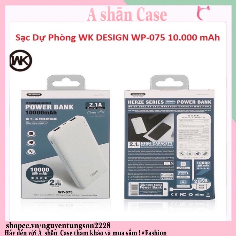 (FREESHIP TOÀN QUỐC TỪ 50K) Pin Dự Phòng, Sạc Dự Phòng WK DESIGN WP-075 10.000mAh Chính Hãng