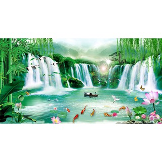 Tranh dán tường 3D thác nước - vải lụa kim tuyến