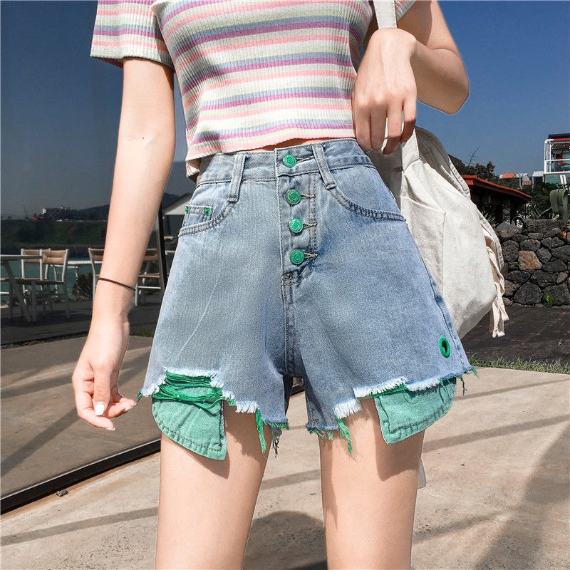 Denim shorts, women's high waist pants, spring and summer new Korean fashion, holes, rough edges, loose wide leg shorts, women