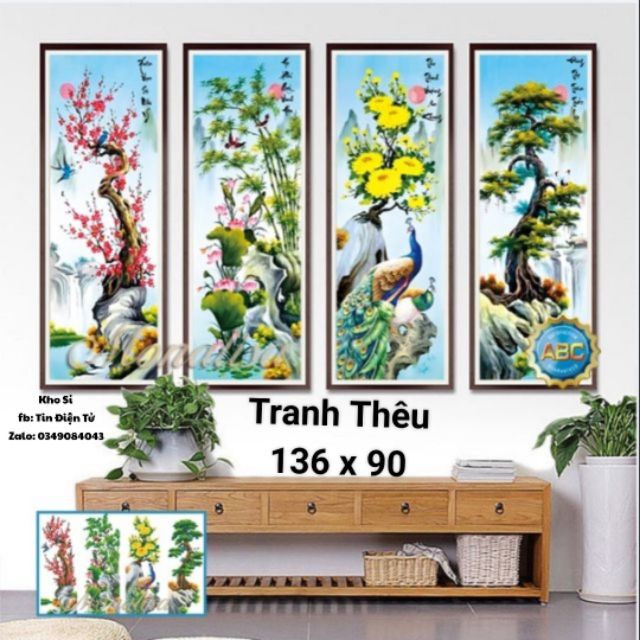 Tranh thêu , tranh đính đá chữ thập tứ quý Mn0011 (136/4bức x cao 90) y8196(136x90