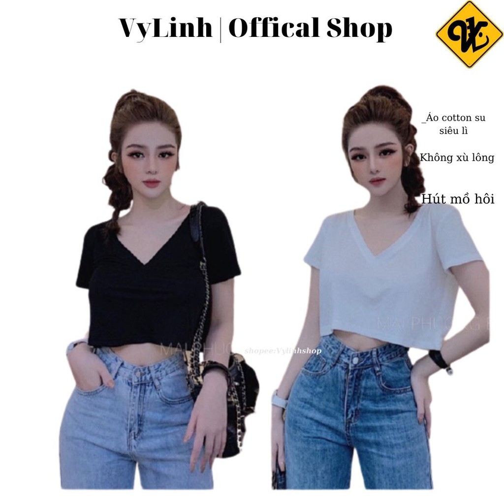 Áo phông nữ VYLINHSHOP Áo croptop trơn cổ tim chất cotton tixi giá rẻ màu trắng đen