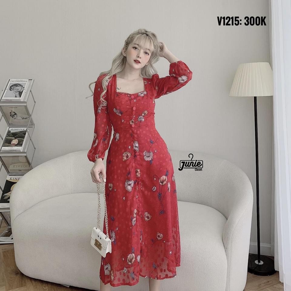 Đầm voan 2 lớp màu đỏ cúc bọc