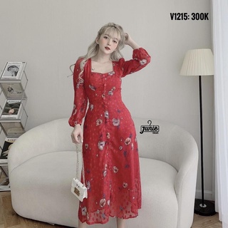 Đầm voan 2 lớp màu đỏ cúc bọc