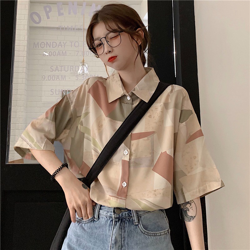 Áo Sơ Mi Tay Ngắn / Ngắn Dáng Rộng In Họa Tiết Độc Đáo Thời Trang Cho Nữ