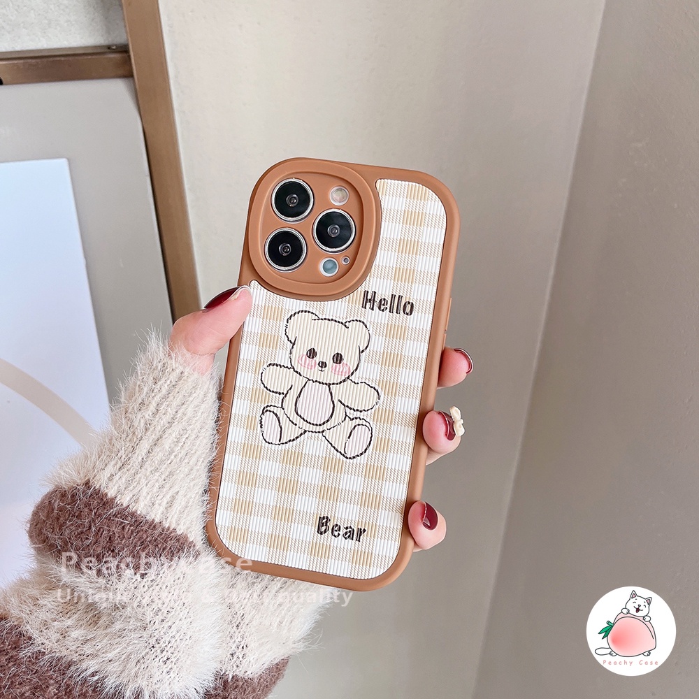 Ốp điện thoại TPU mềm phối da họa tiết sọc caro hình gấu cho IPhone 13 12 11 Pro Max X Xs Max XR 7 8 Plus 12pro