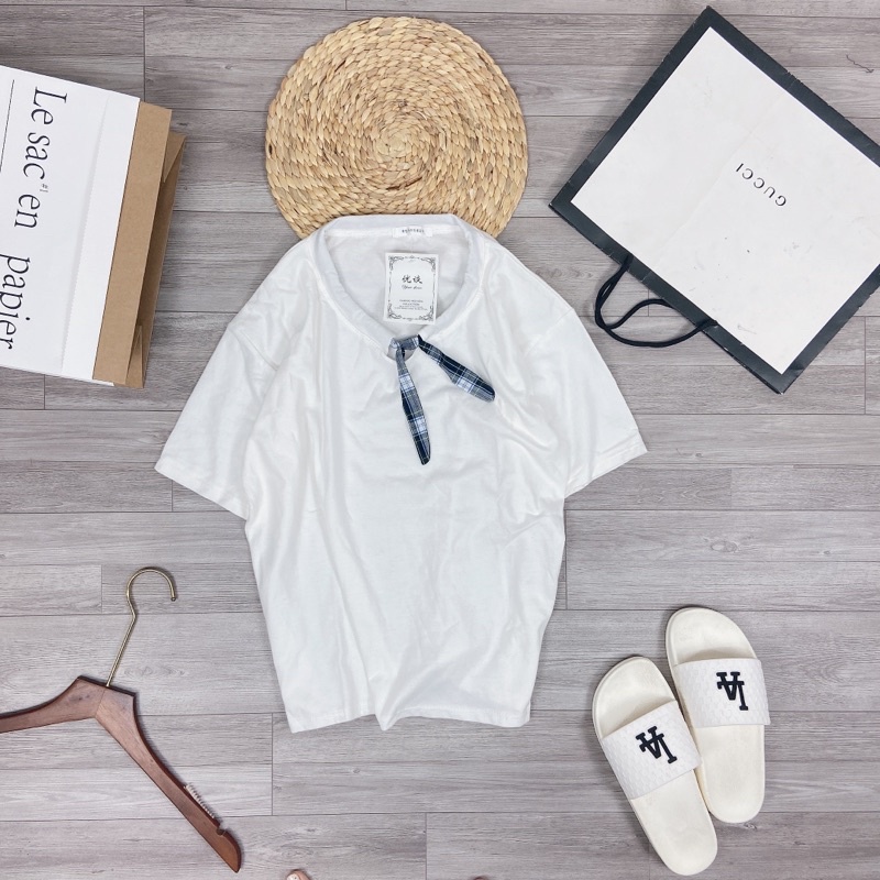 Áo phông trắng cotton nơ cổ dáng rộng tay lỡ hàn quốc Áo thun trắng