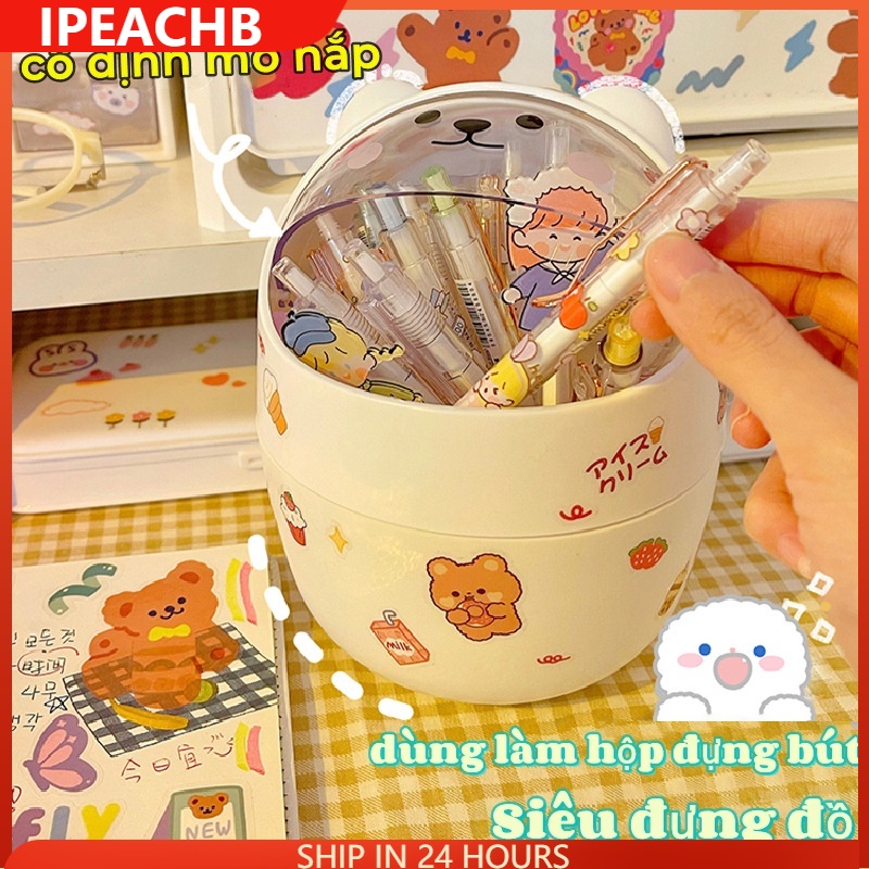 Thùng rác mini để bàn Thùng rác hình gấu có nắp xinh xắn dễ thương-tặng sticker – Hộp đựng bút đa năng